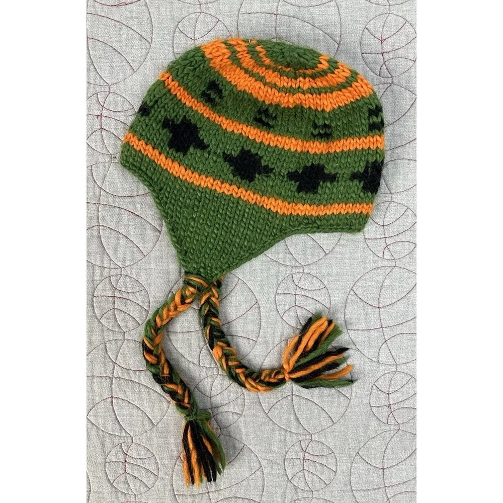 The North Face Knit Beanie Hat w/Tassels, Earflaps Gray & Green Boulder Peruvian